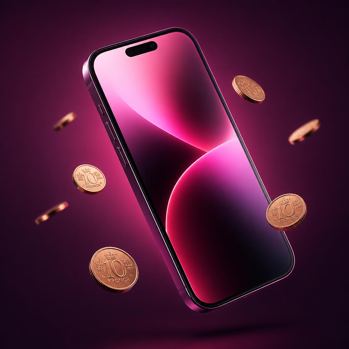 Modern mobiltelefon omgiven av svenska 10-kronor i rosa ljus.